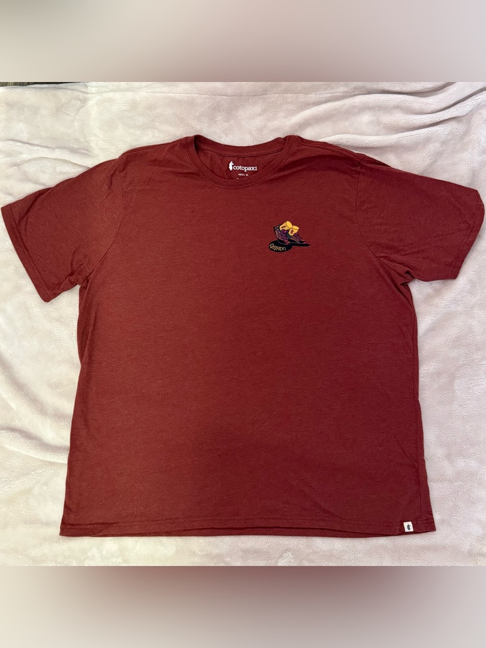 Cotopaxi Maroon Graphic Crewneck Tee with Multi-Color Back Print